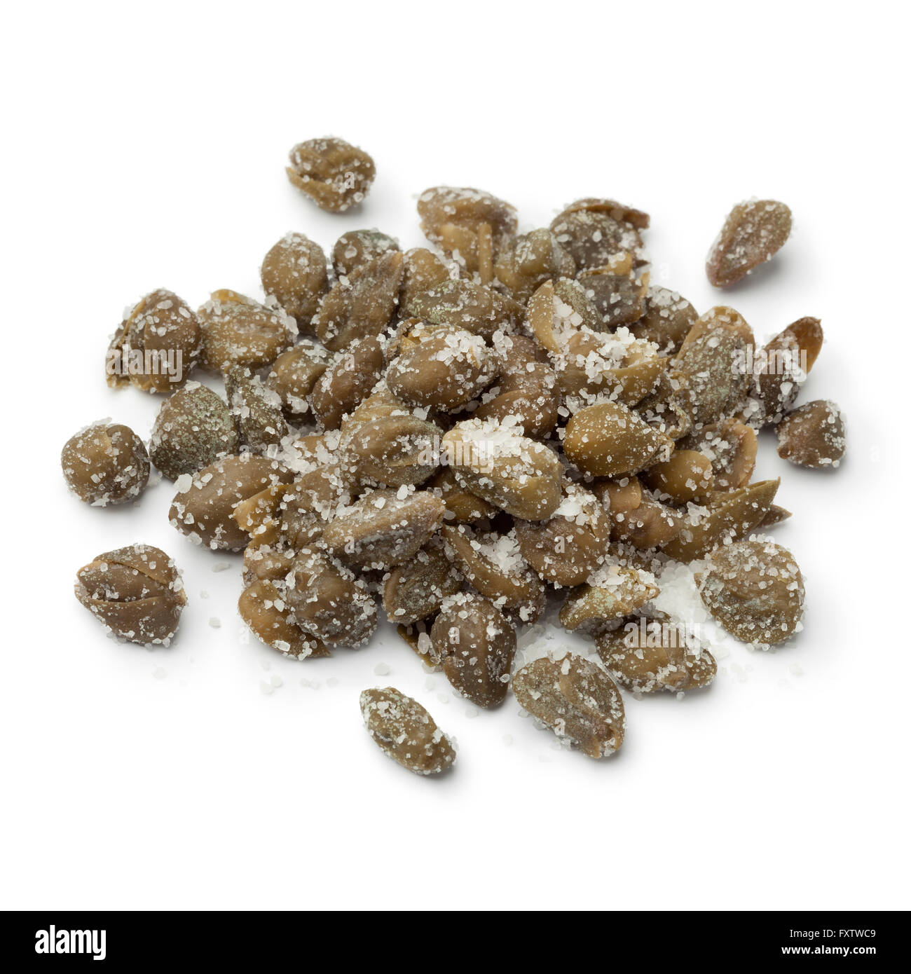 Heap of salted capers on white background Stock Photo
