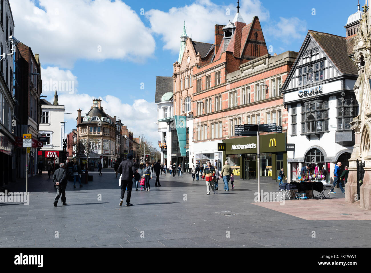 Leicester City Centre And The Hay-market With Clock Memorial ,UK. Stock Photo