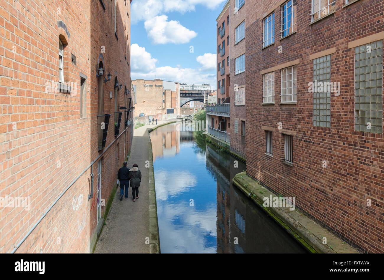 The Birmingham and Fazeley Canal running through buildings viewed from Ludgate Hill in the centre of Birmingham Stock Photo
