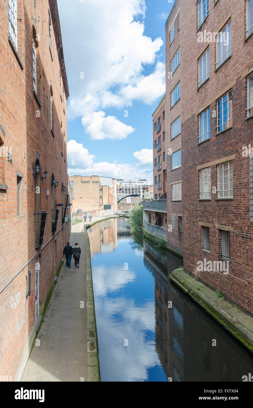 The Birmingham and Fazeley Canal running through buildings viewed from Ludgate Hill in the centre of Birmingham Stock Photo
