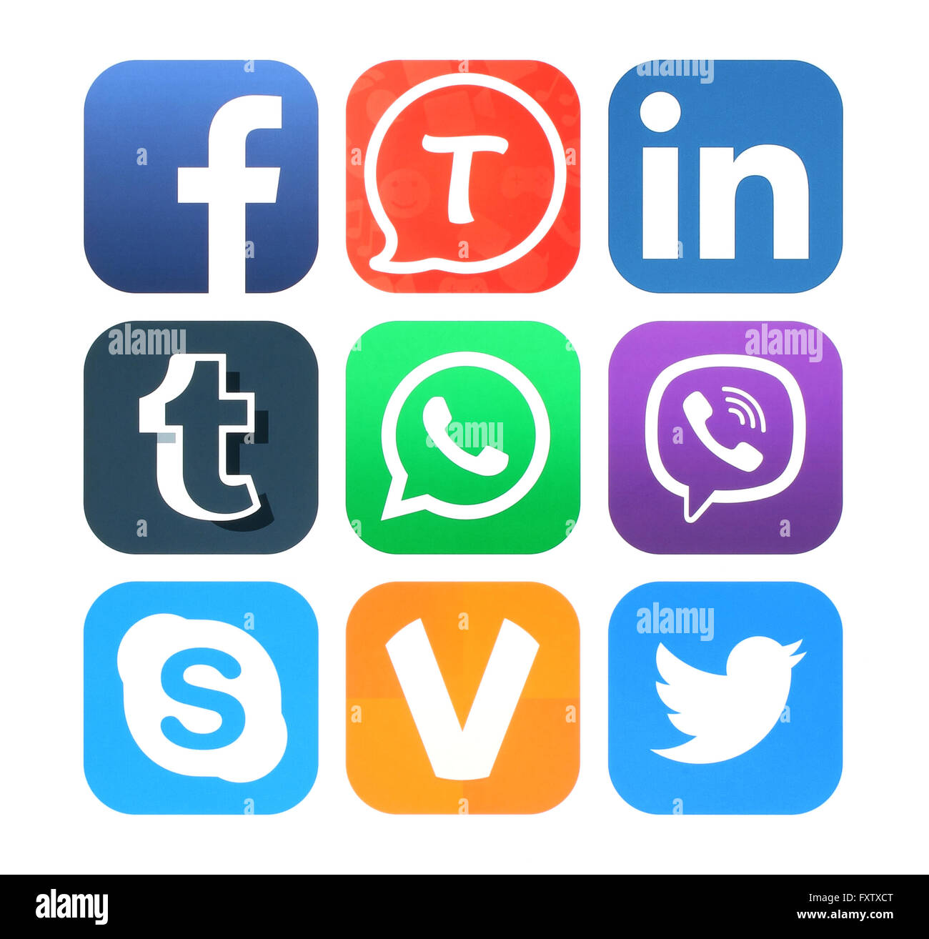 Kiev, Ukraine - February 17, 2016: Collection of popular social networking icons printed on paper: Facebook, Tango, Linkedin Stock Photo