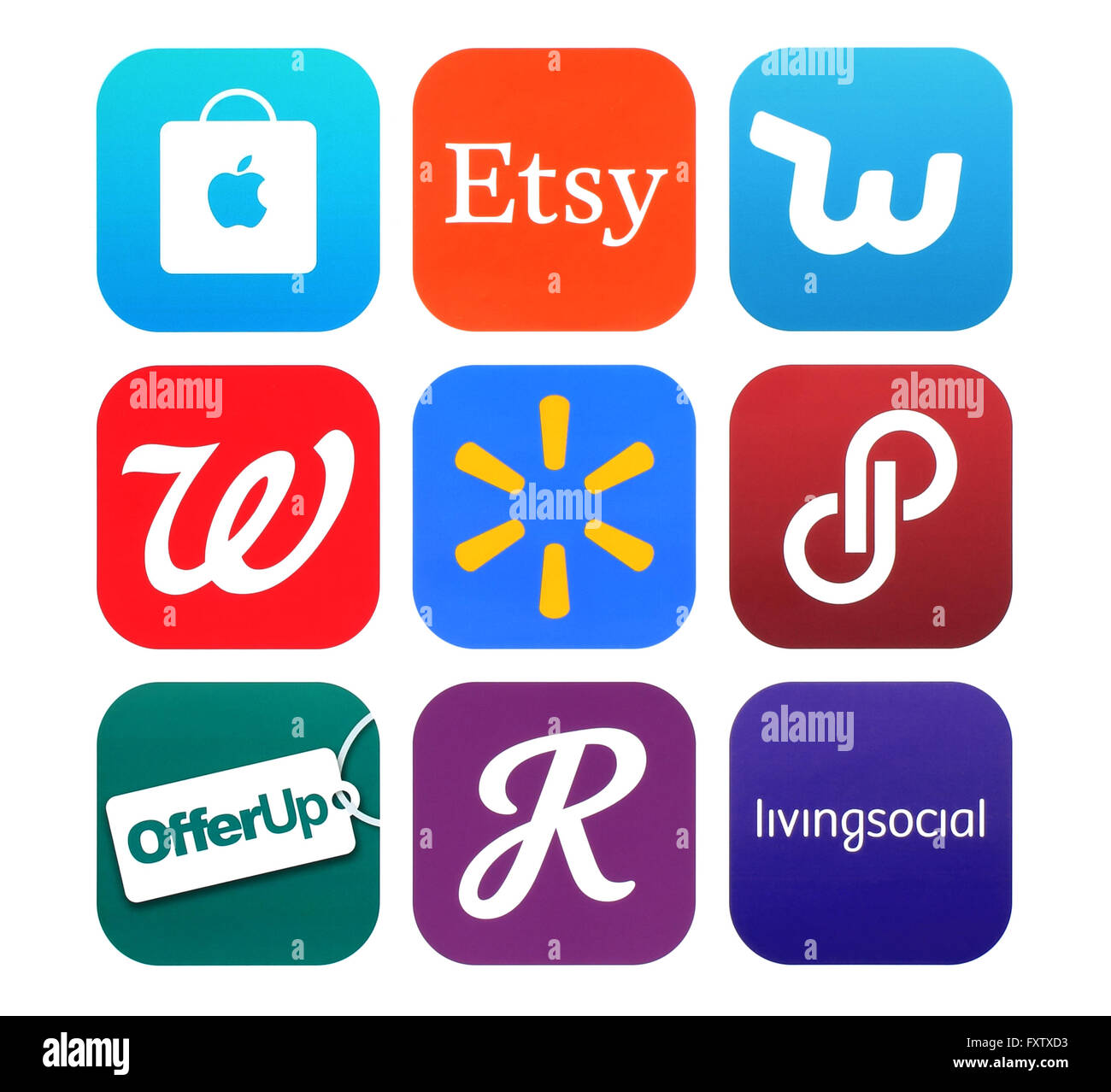 Kiev, Ukraine - February 22, 2016: Collection of popular shopping icons printed on paper: Apple Store, Etsy, Livingsocial Stock Photo