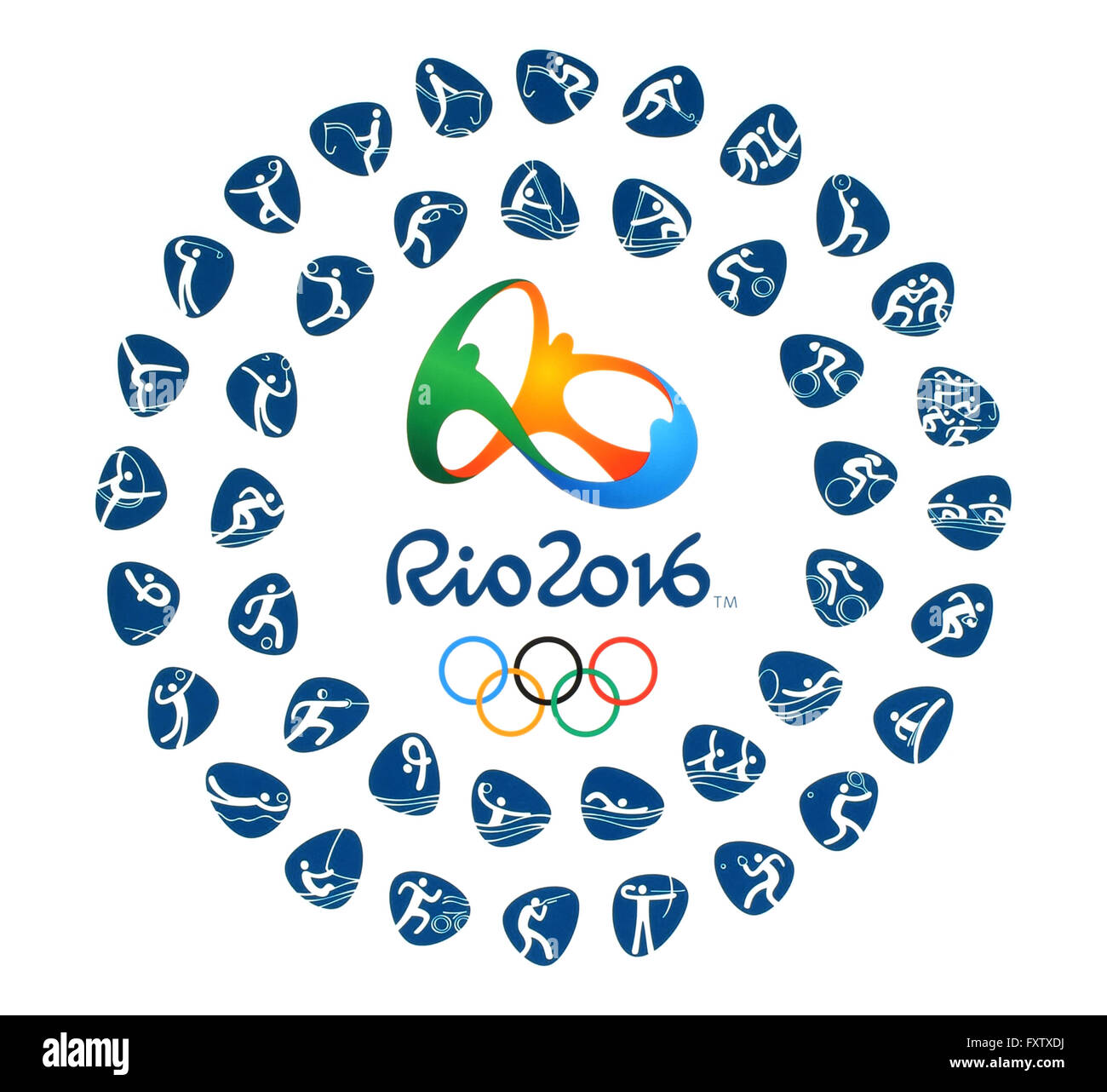 Kiev, Ukraine - March 12, 2016: Official logo of the 2016 Summer Olympic Games with kinds of sport in Rio de Janeiro, Brazil, fr Stock Photo