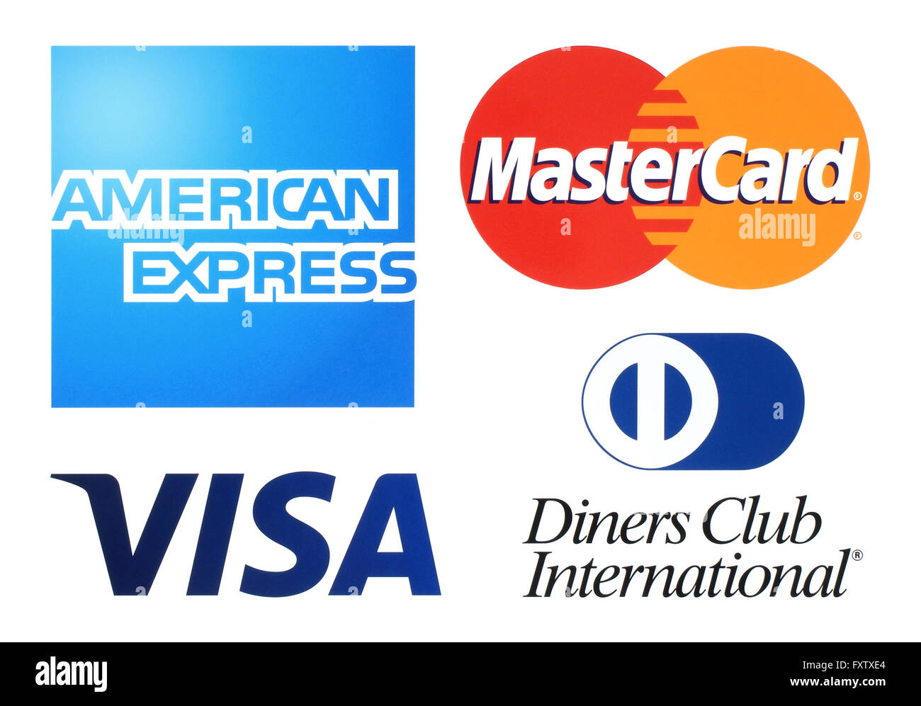 Kiev, Ukraine - April 04, 2016: Collection of popular payment system logos printed on white paper: American Express, MasterCard Stock Photo