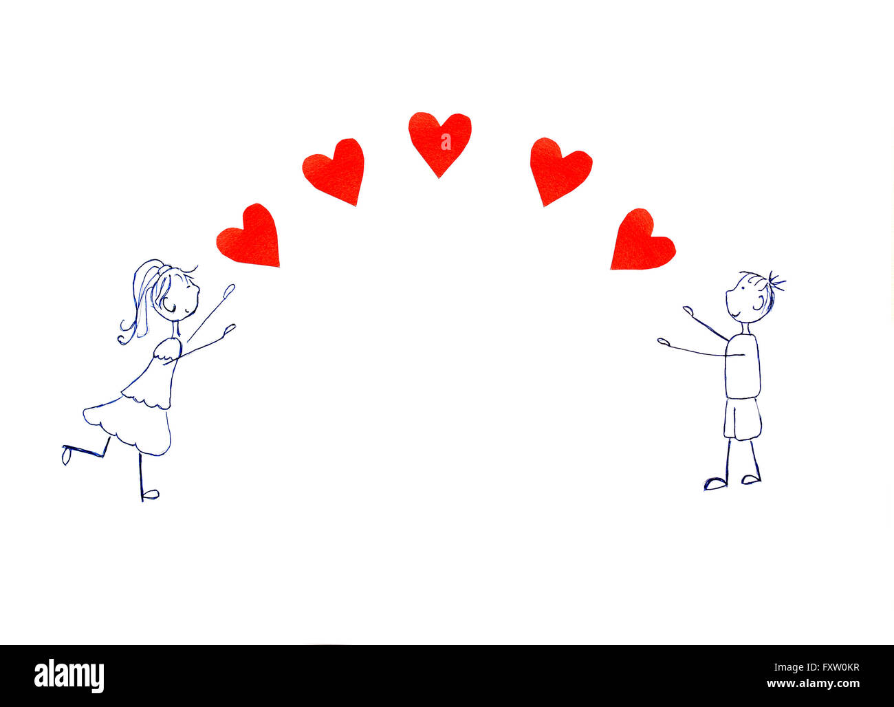 illustration of girl and boy pulling his hands to red hearts Stock Photo