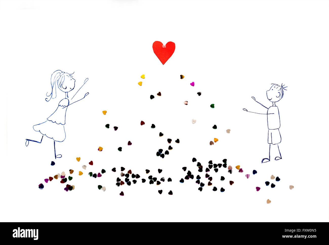 illustration of girl and boy pulling his hands to red heart Stock Photo