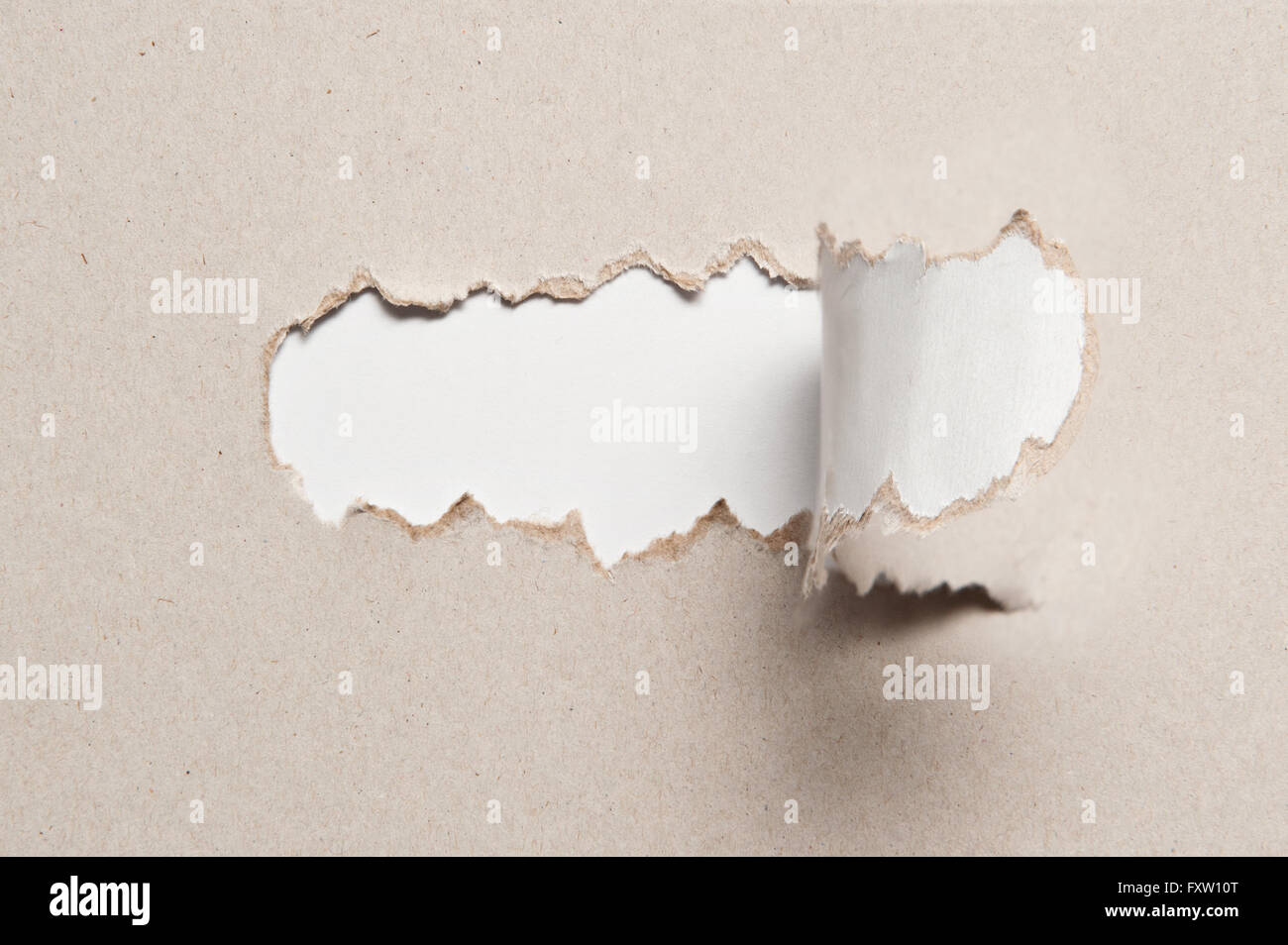 paper texture with torn half piece of middle and place for text Stock Photo
