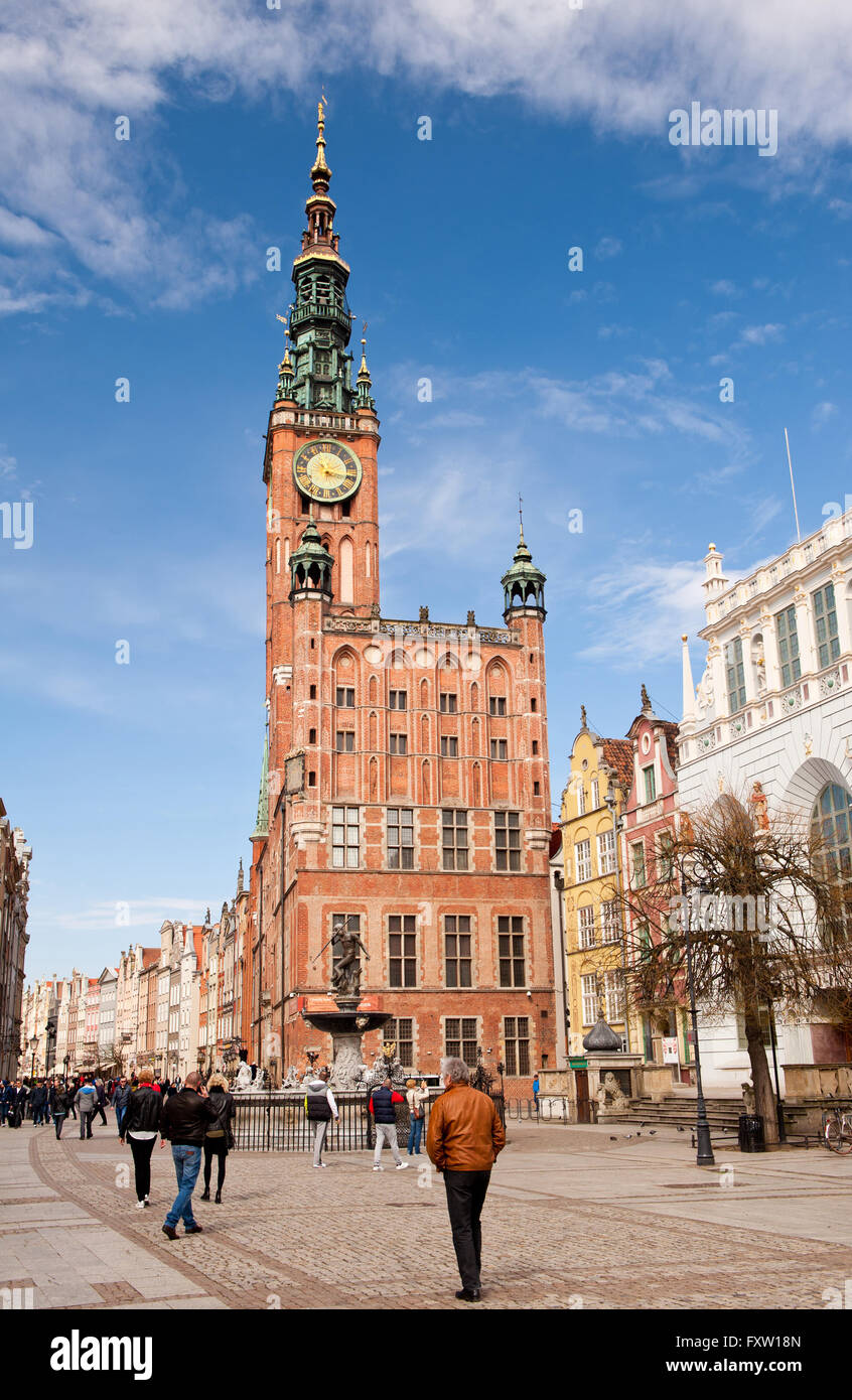 Gdansk Main Town Hall building, Polish name Ratusz Miasta, historical architecture exterior, high building with tower, landmark. Stock Photo