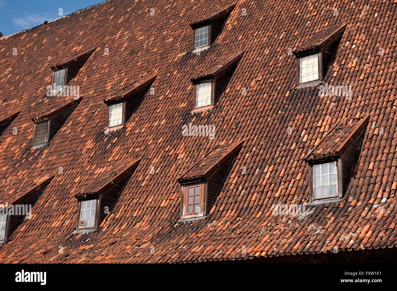 Wielki Mlyn roof in Gdansk, The Great Mill with rising tiled roof and windows, building exterior