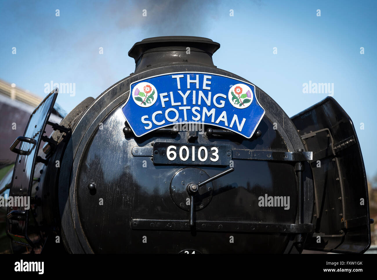 FLYING SCOTSMAN NORTH YORKSHIRE MOORS RAILWAY PICKERING STATION 17 March 2016 Stock Photo