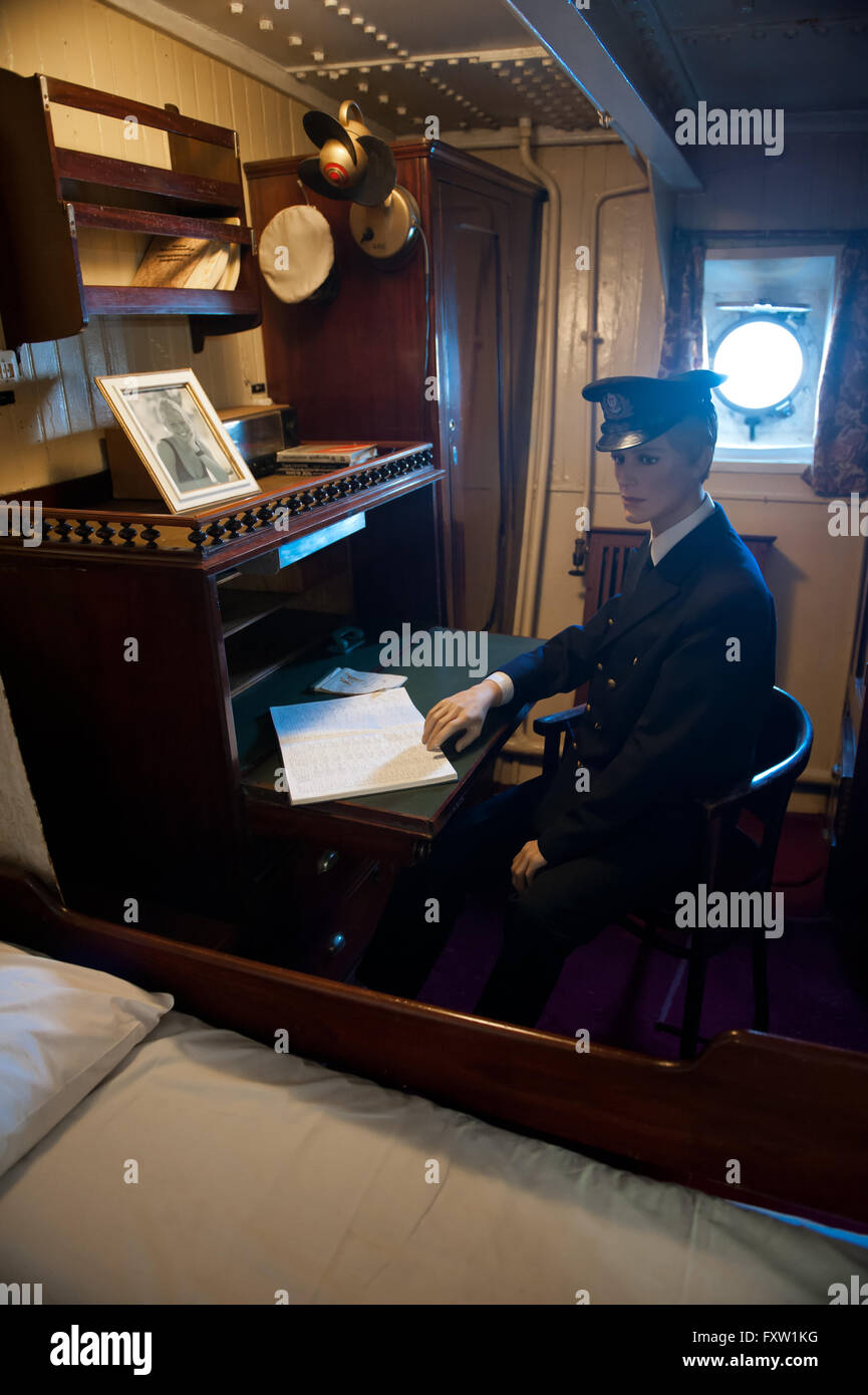 Dar Pomorza cabin with mannequin, ship room interior, the sailing vessel in Gdynia, Poland, Europe, legendary The White Frigate Stock Photo