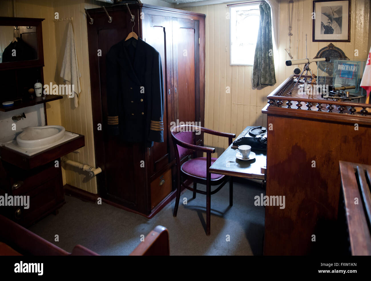 Borchardt cabin in Dar Pomorza ship, room interior at the sailing vessel in Gdynia, Poland, Europe, legendary The White Frigate Stock Photo