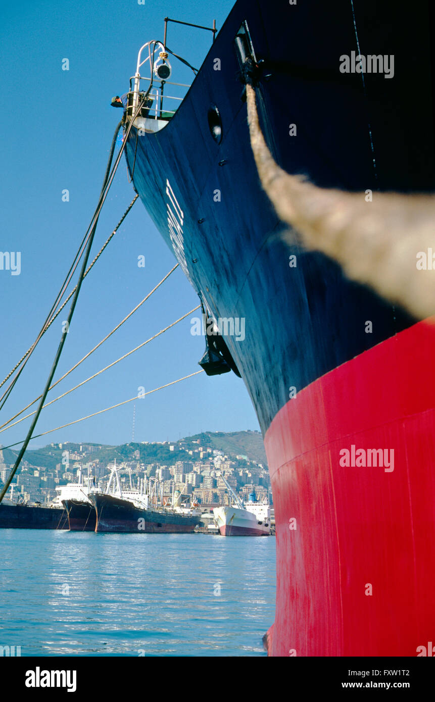 Welder on ship bow undergoing repair and fabrication; shipyard; Genoa; Italy Stock Photo