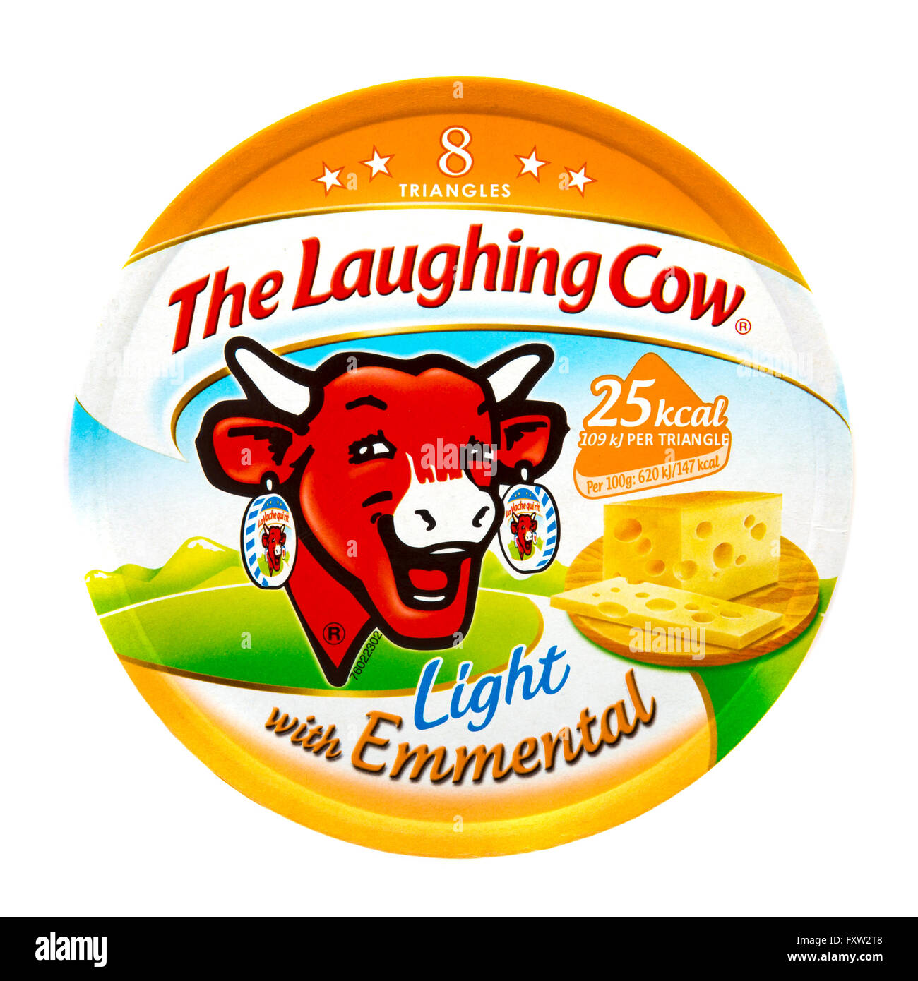 Packet of The Laughing Cow light cheese spread with Emmental isolated on white background Stock Photo