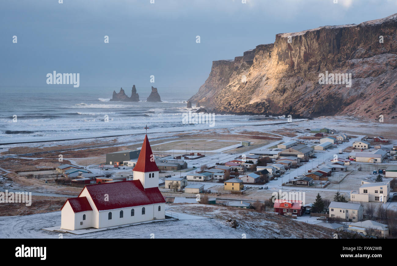 Vik Icelandic village in the Southeast Iceland covered in Snow in Spring. Stock Photo