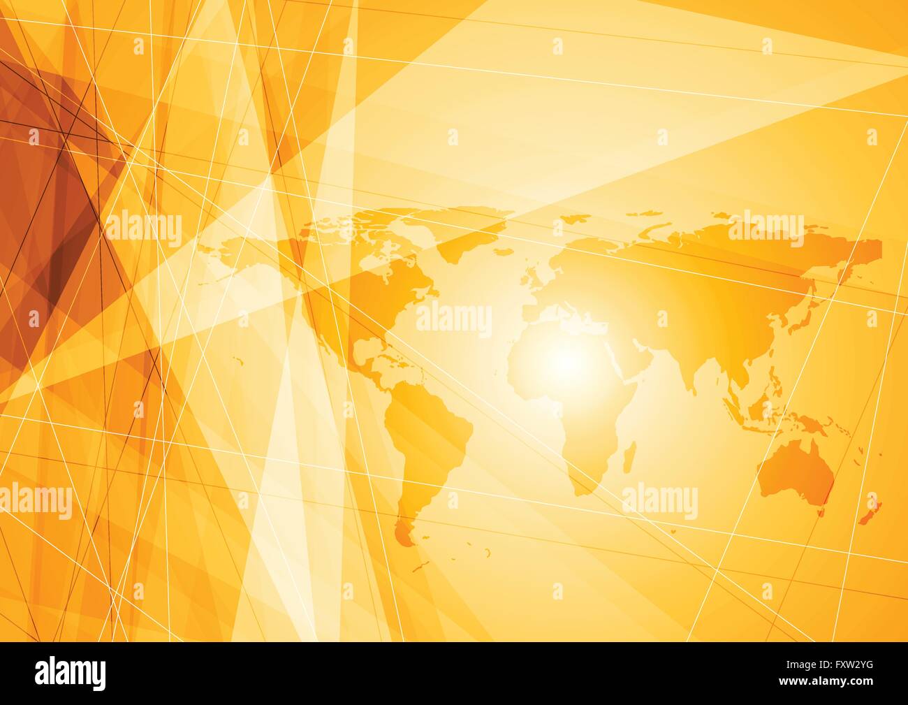 Bright orange technology background with stripes and world map drawing ...