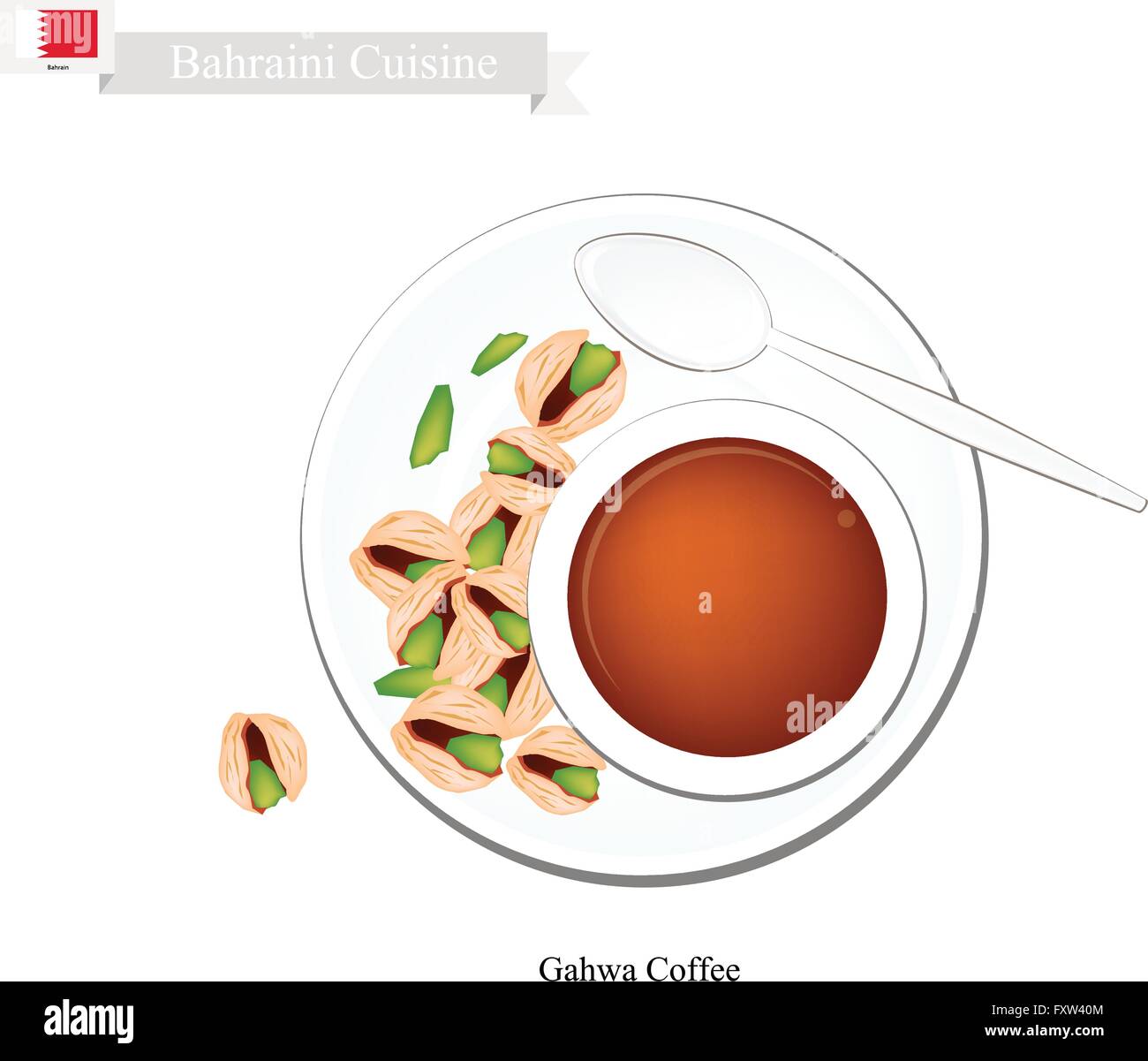 Bahraini Cuisine, Gahwa Coffee or Coffee Brewed from Dark Roast Coffee Beans Spiced with Cardamom. One of The Popular Beverage i Stock Vector