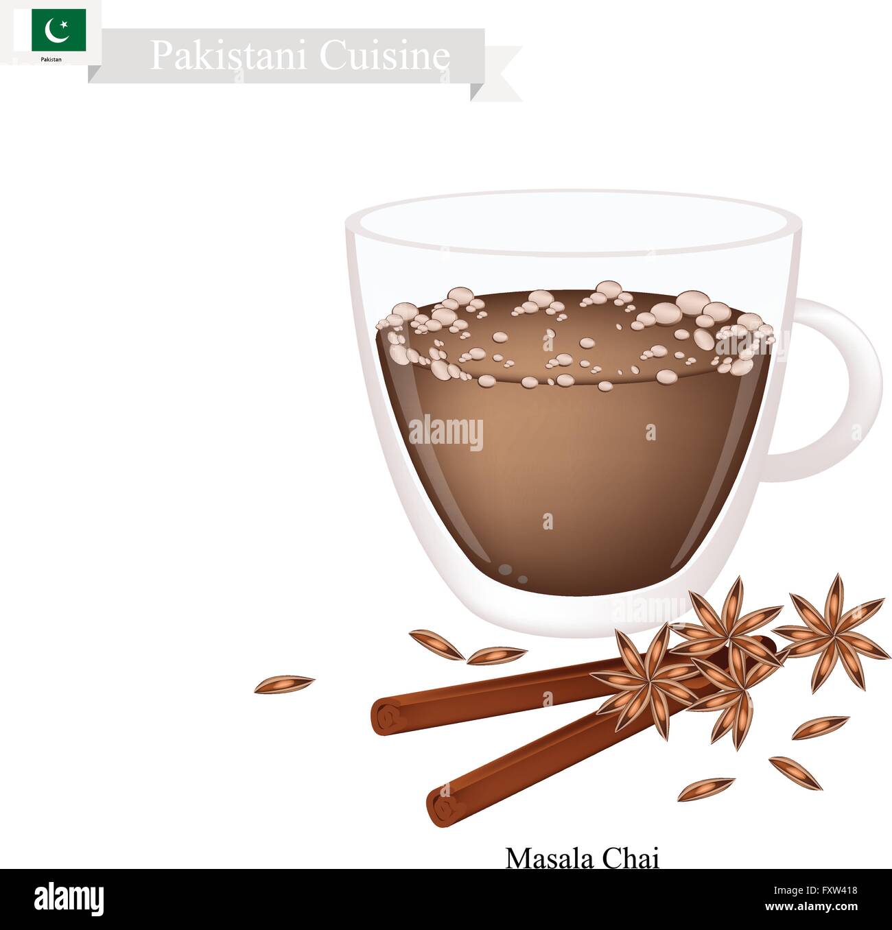 Pakistani Cuisine, Masala Chai or Traditional Black Hot Sweet Tea with Spices. One of The Most Popular Beverage in Pakistan. Stock Vector