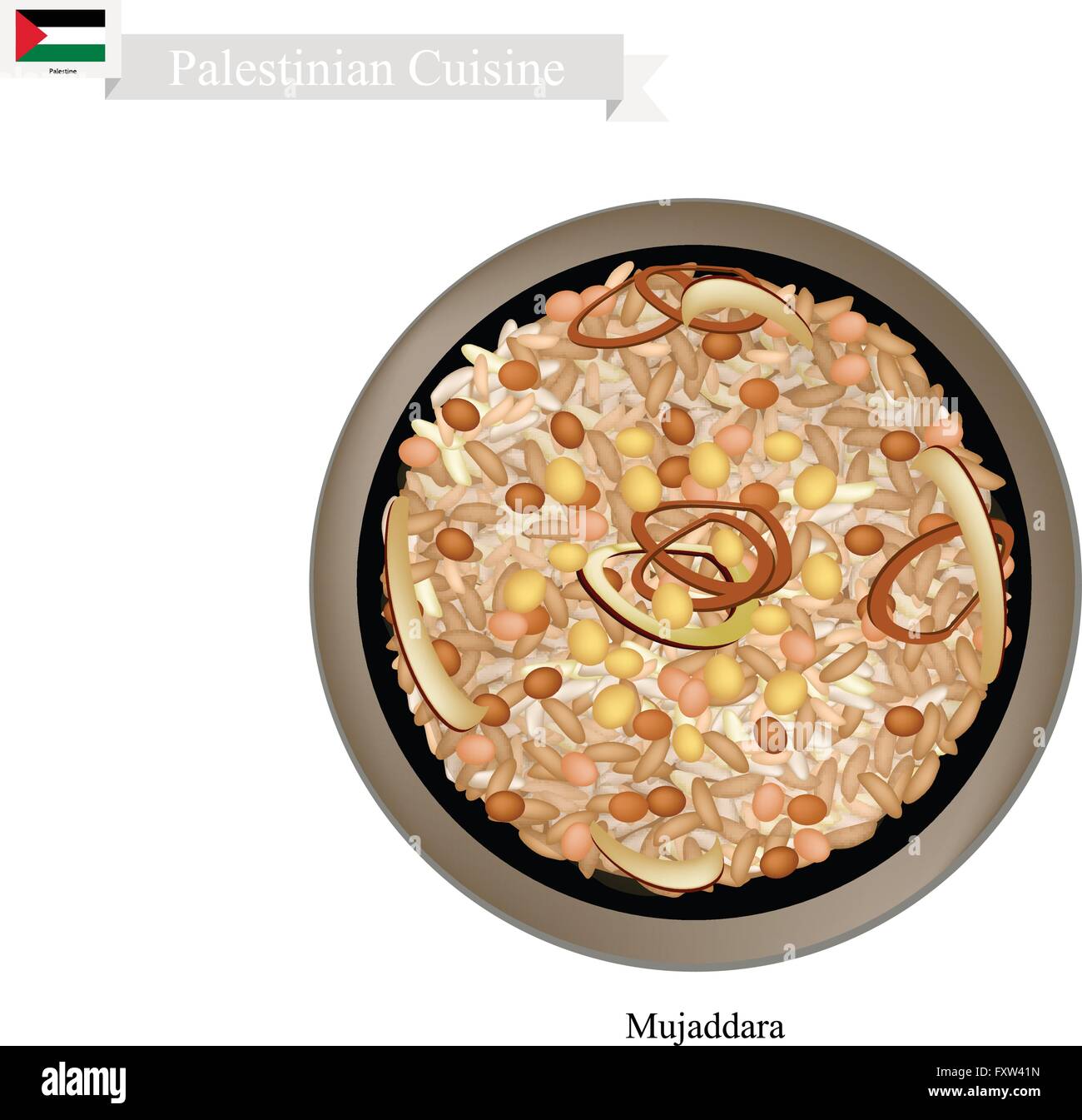 Palestinian Cuisine, Mujaddara or Traditional Rice and Lentils Topped with Crispy Onions. One of The Most Popular Dish in Palest Stock Vector