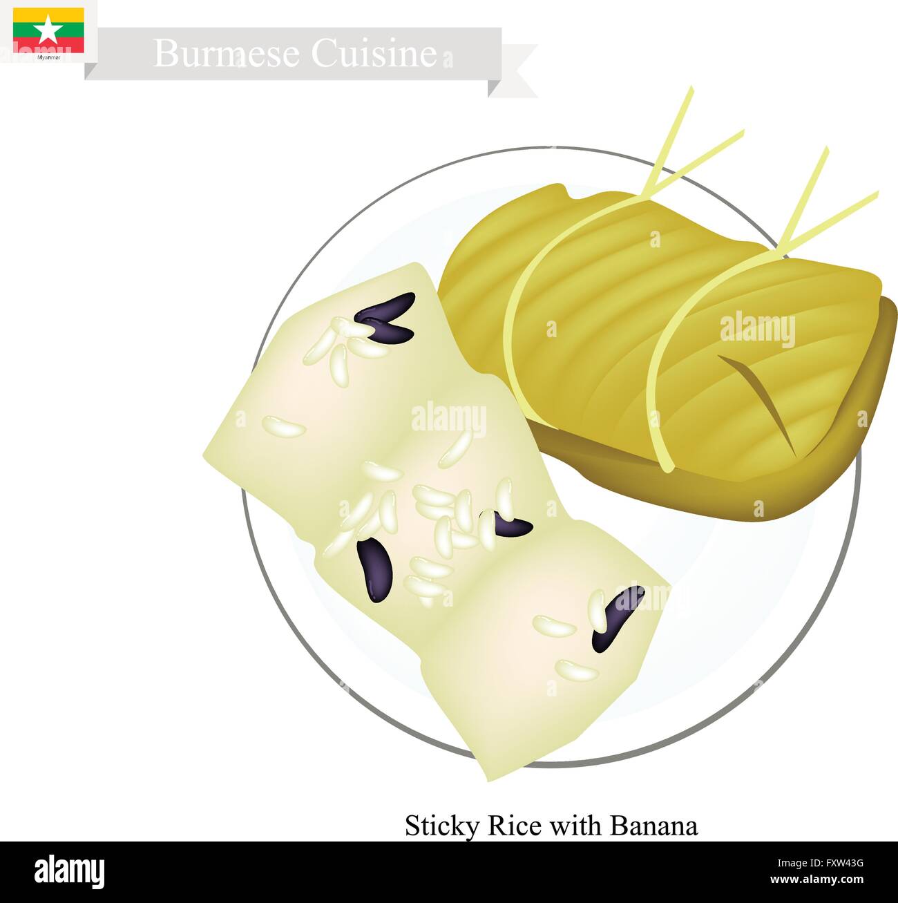 Burmese Cuisine, Bananas in Sticky Rice Wrap with Banana Leaves. One of The Most Popular Dessert in Myanmar. Stock Vector