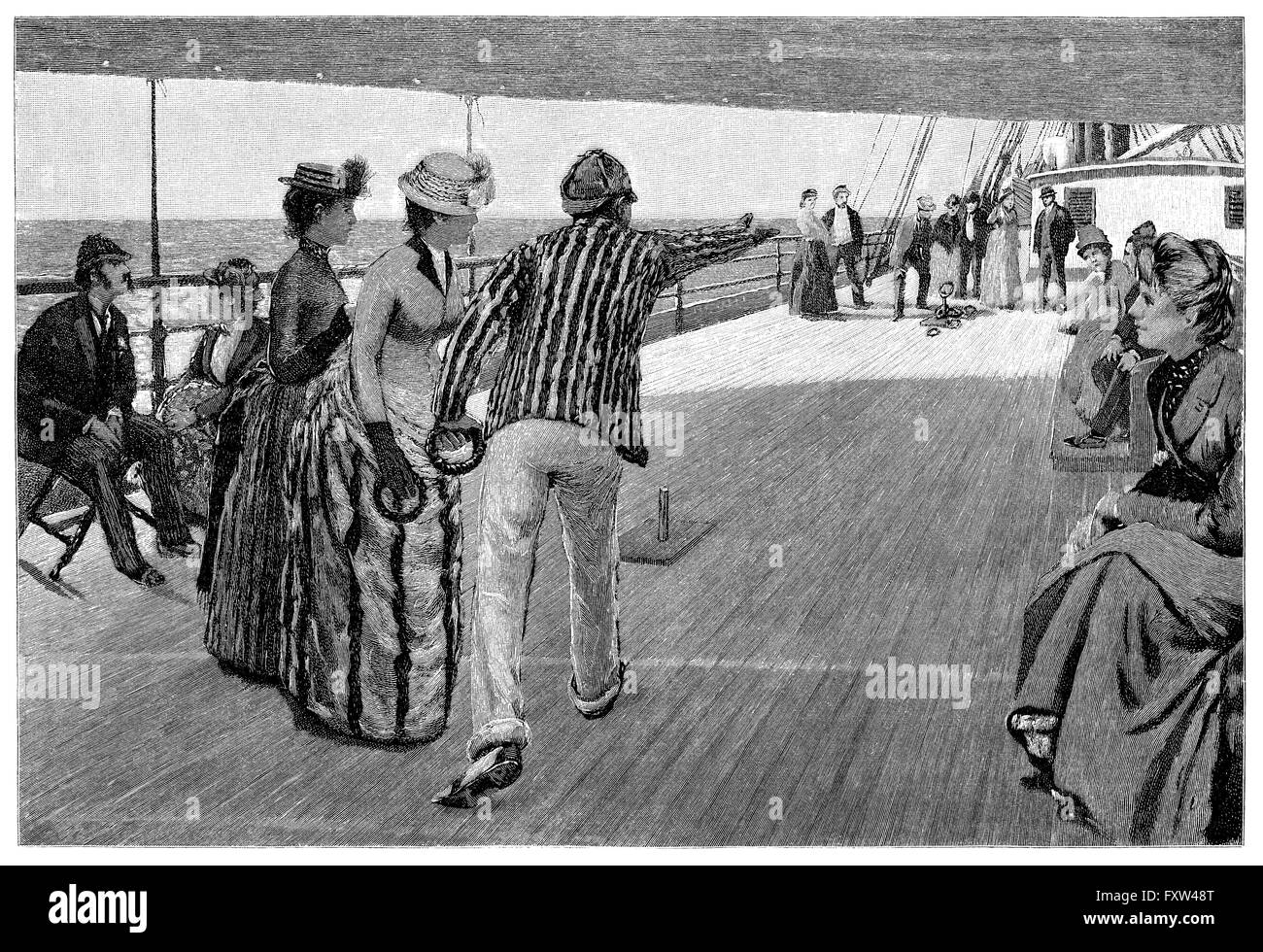 1891 black and white engraving of Victorian passengers playing quoits aboard a passenger ship. Stock Photo