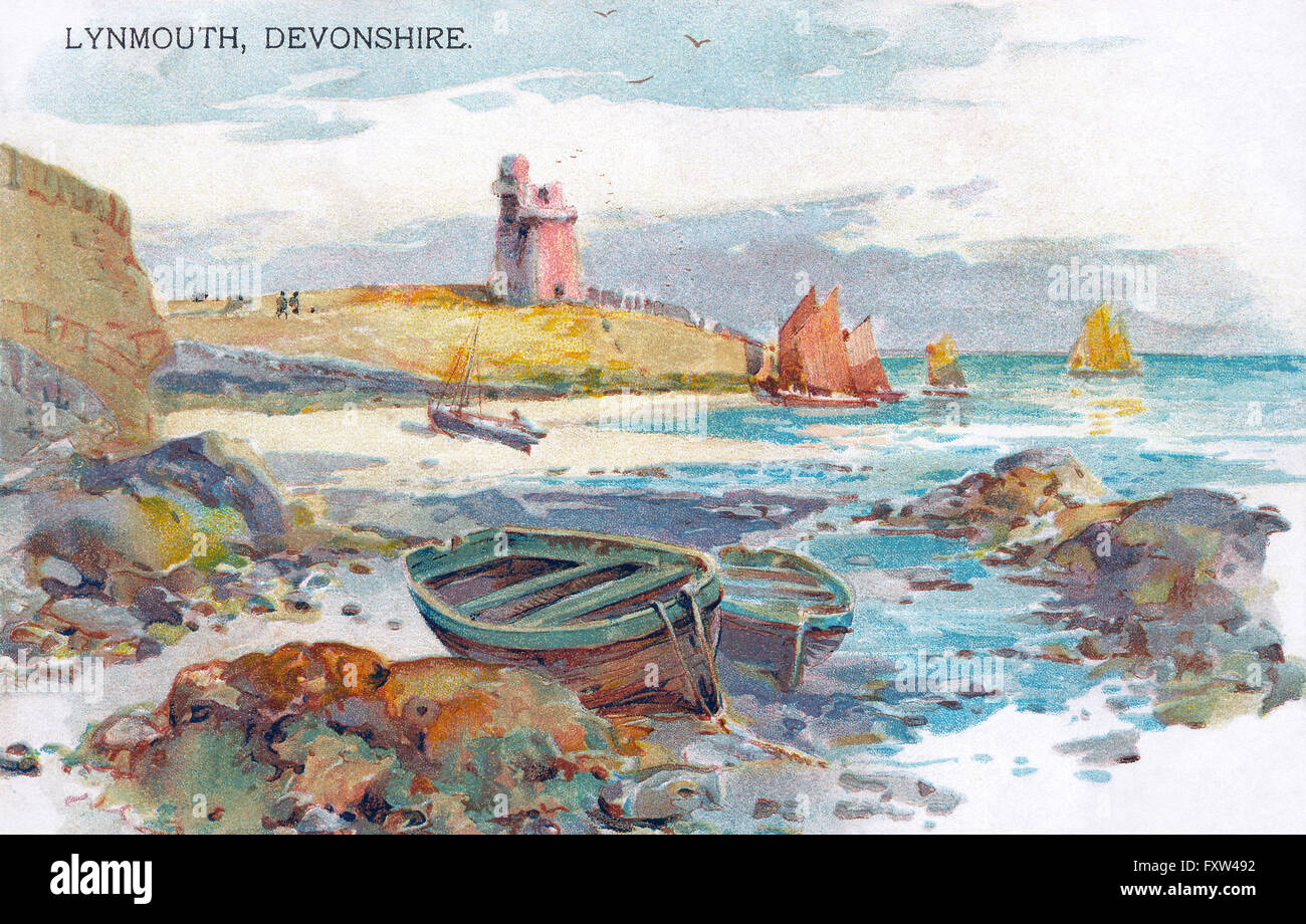 Edwardian colour postcard of Lynmouth in Devon. Stock Photo