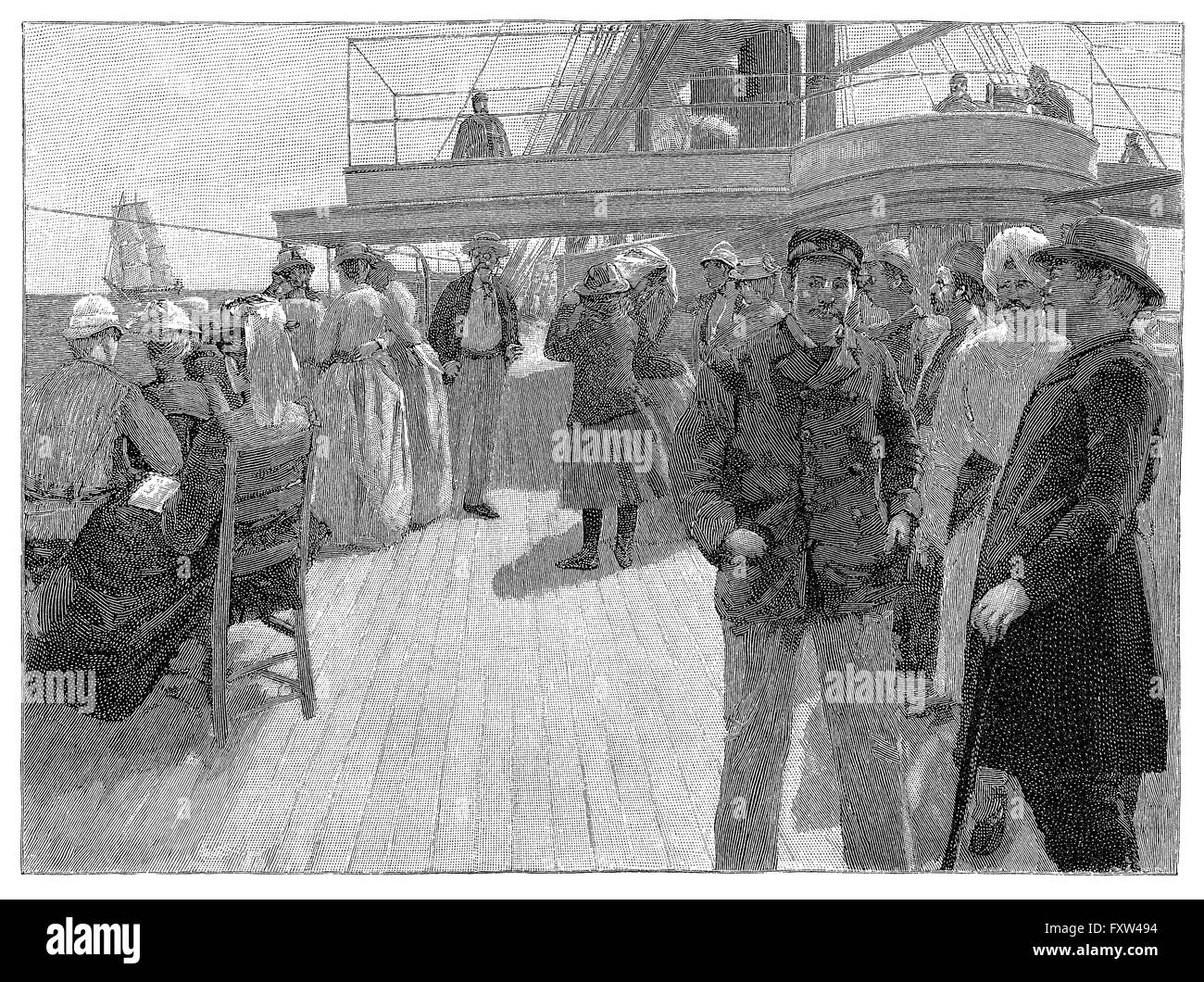 1891 black and white engraving of Victorian passengers aboard the promenade deck of a passenger ship. Stock Photo