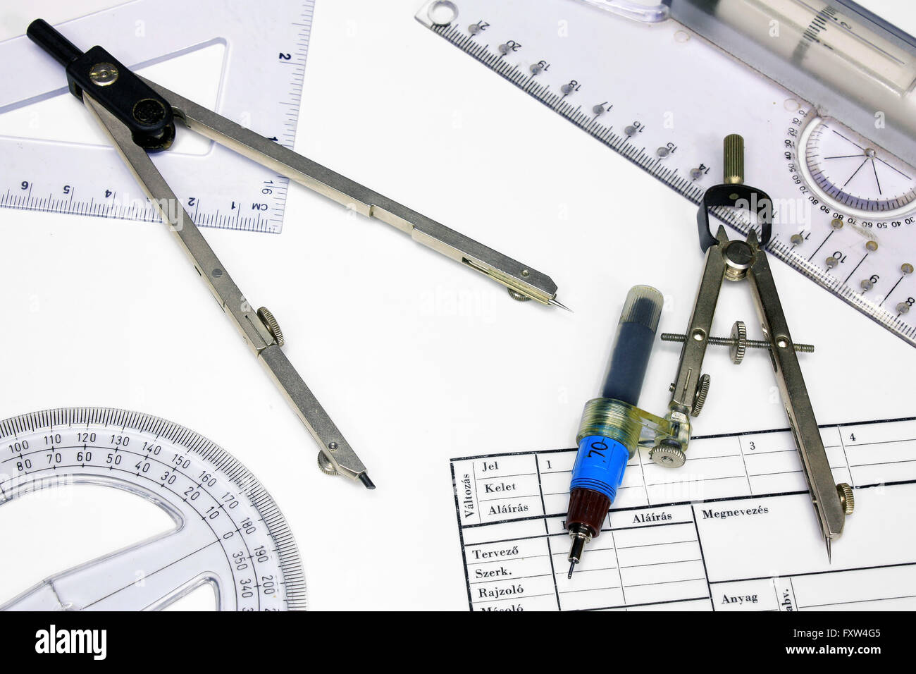 Technical tracing paper and rulers, calipers with ink Stock Photo Alamy