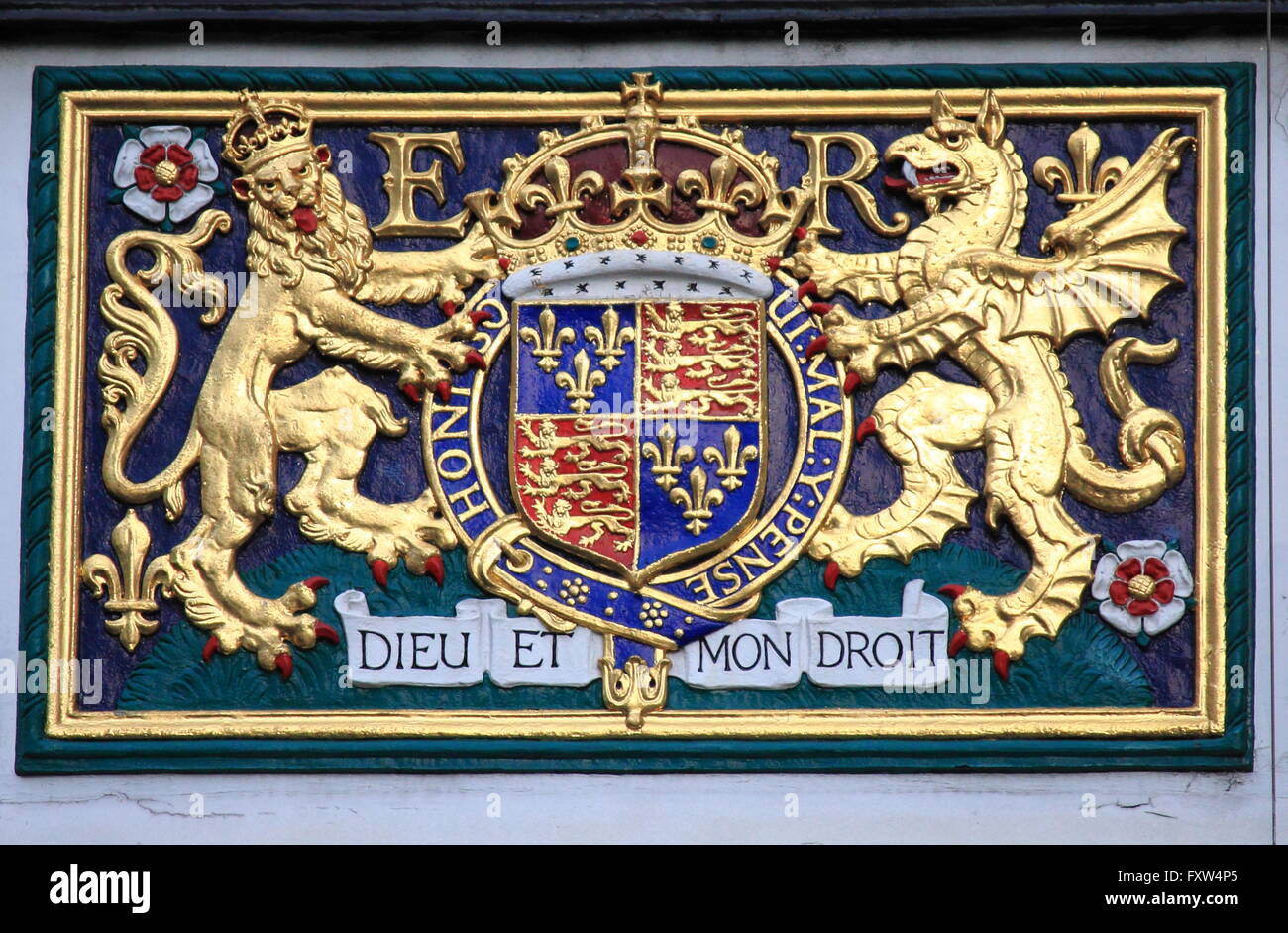 Royal coat of arms of the United Kingdom having the motto Dieu et Mon Droit Stock Photo