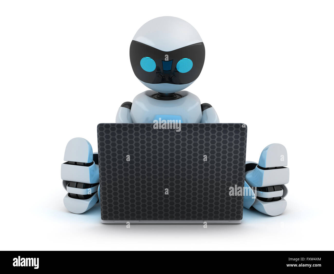 Robot working on laptop (done in 3d) Stock Photo