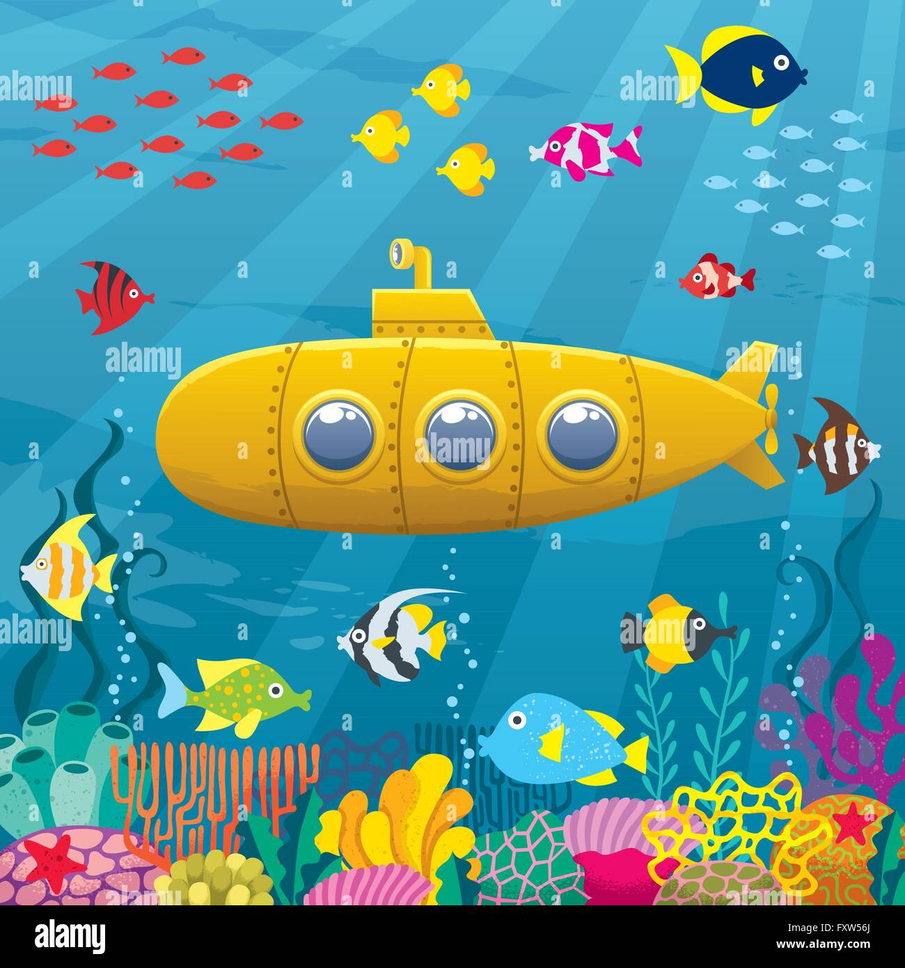 family exploring the deep in a submarine cartoon