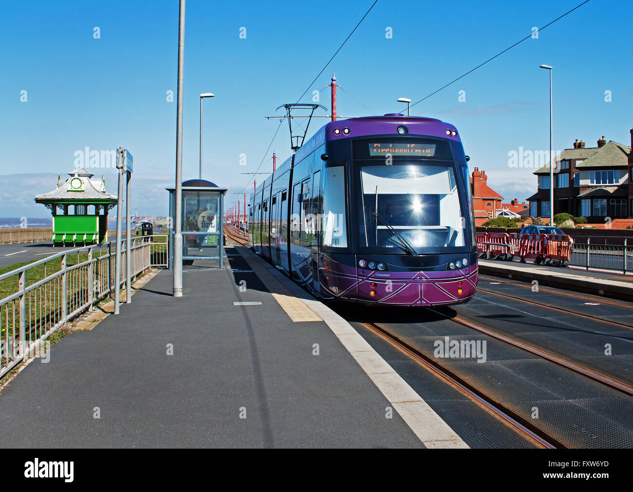 One of the new trams, running between Blackpool and Fleetwood on the Fylde Coast, north of England, UK Stock Photo