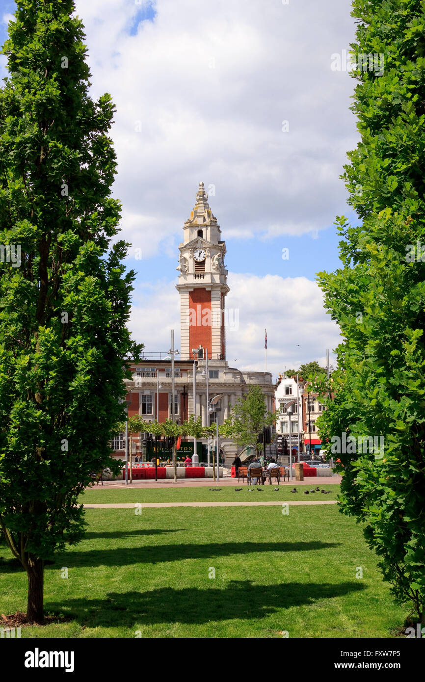 The clocktower of Lambeth Town Hall seen from St Matthew's Garden, Brixton, London Stock Photo