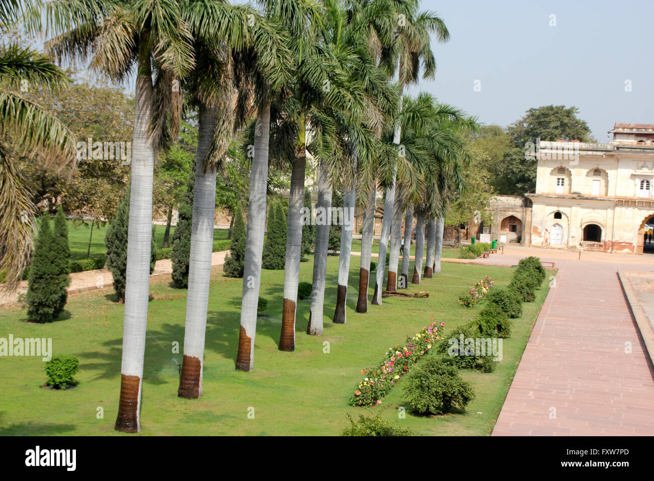 Row of Royal palm trees and central canal in garden of Safdarjung Tomb, New Delhi, India, two storied tomb on a raised platform Stock Photo