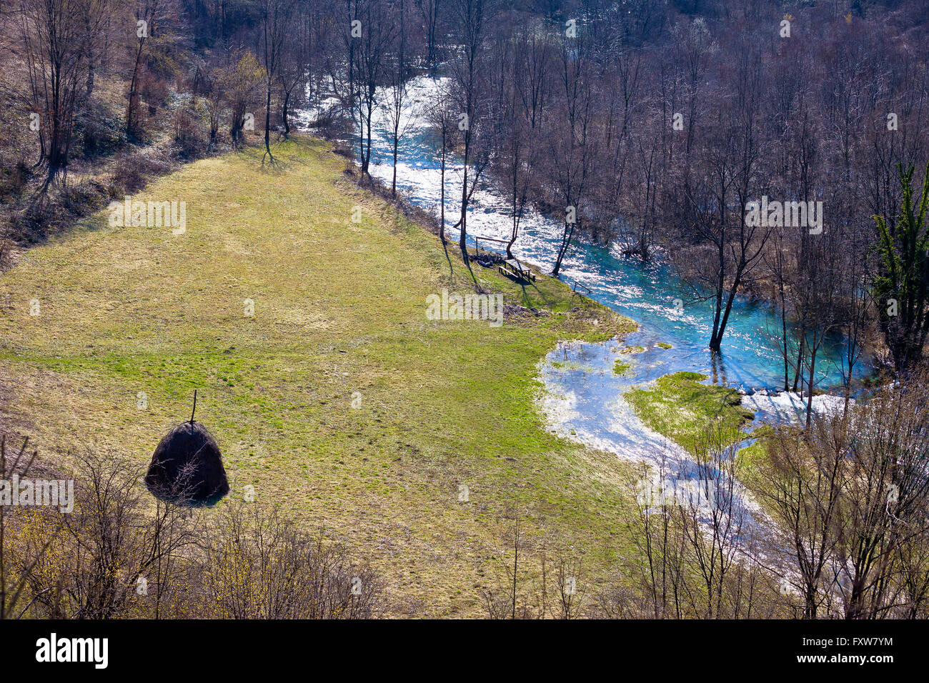 Korana river valley and meadow aerial view, Lika, Croatia Stock Photo