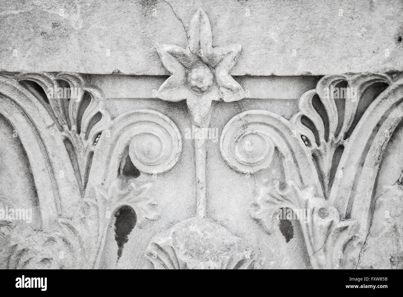 Floral ancient stone carving ornament, white portico fragment. Smyrna, Izmir, Turkey Stock Photo