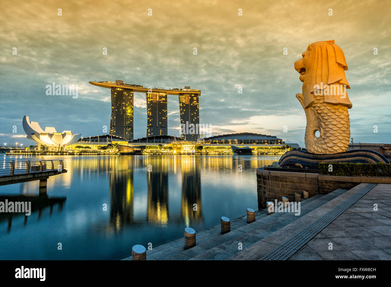 Marina Bay, Merlion, Marina Bay Sands Hotel, Pier, Singapore, Singapur, Southest Asia, Stock Photo