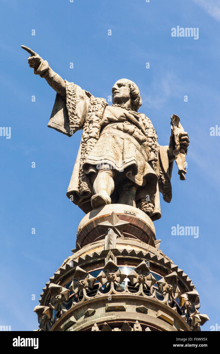 Christopher Columbus Monument, Christopher Columbus statue detail, La Rambla, Barcelona, Spain Stock Photo