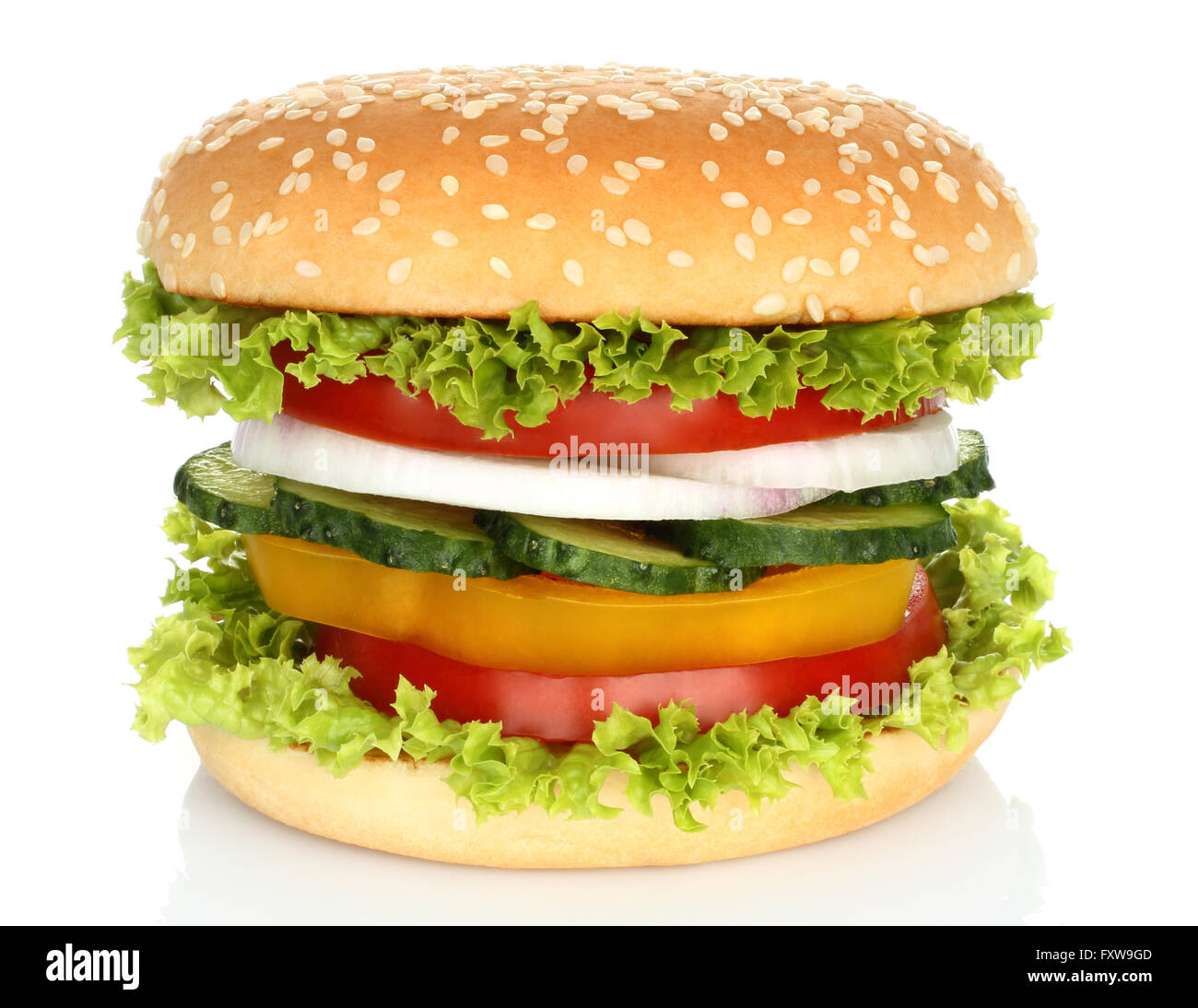 Healthy vegan burger with raw vegetables on white background Stock Photo