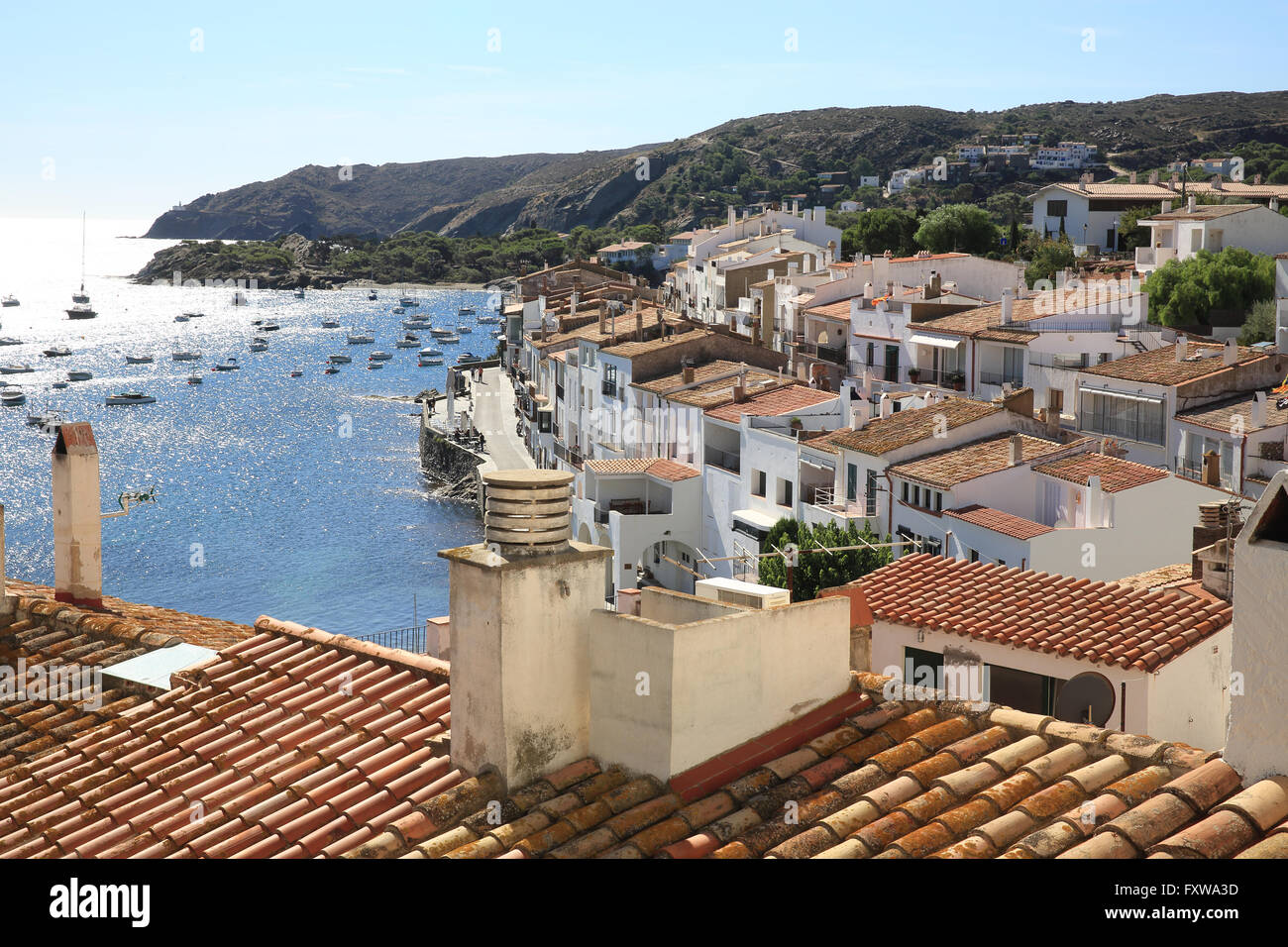 A view of pretty white washed Cadaques, on the Cap de Creus peninsular, in Catalonia, on the Costa Brava, Spain, Europe Stock Photo
