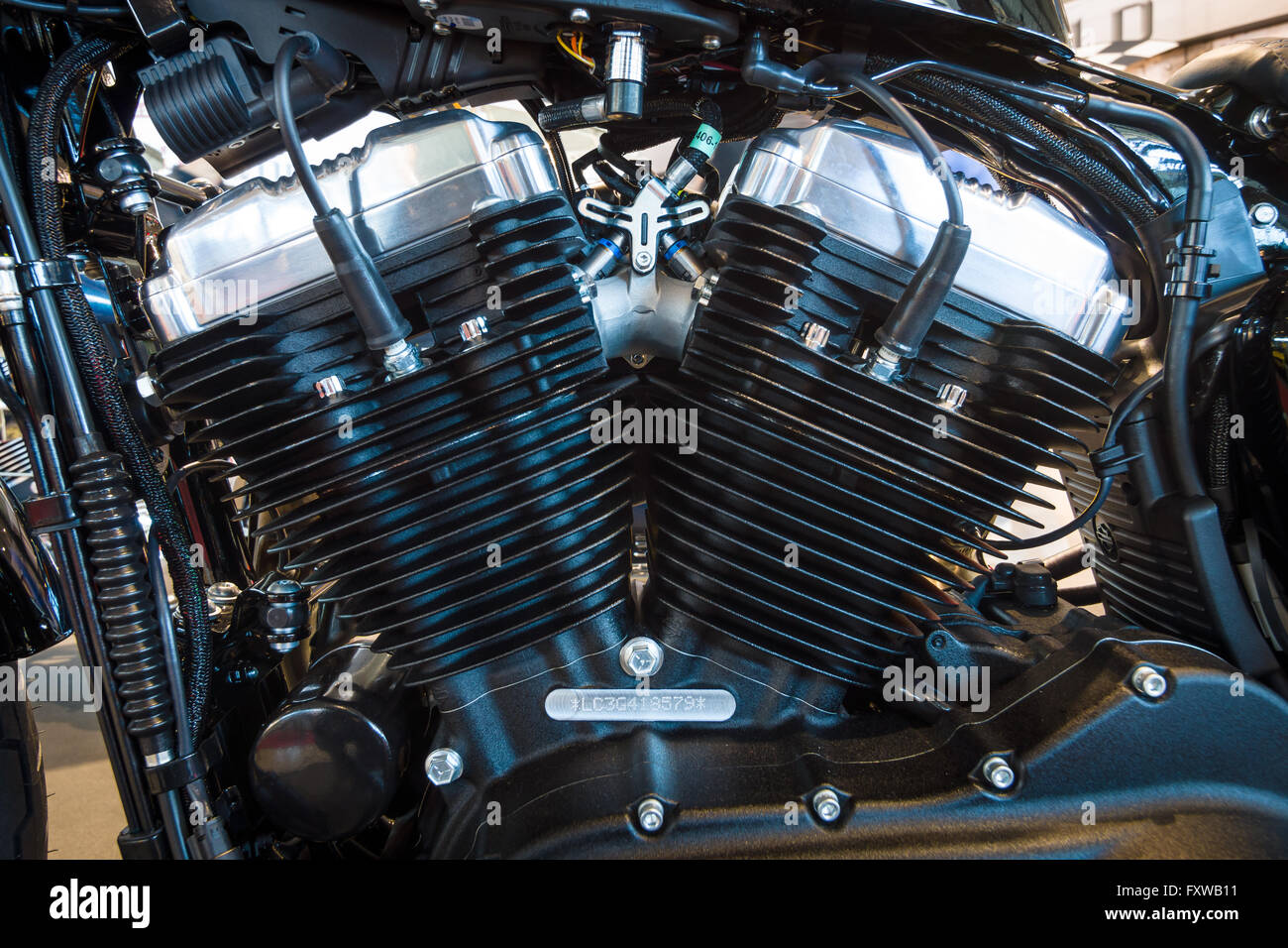 Fragment of a motorcycle Harley-Davidson Forty-Eight, 2016. Stock Photo