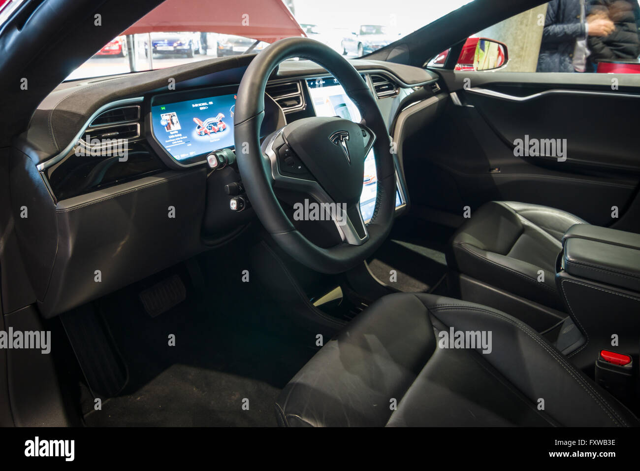 Cabin of full-size luxury car Tesla Model S AWD 90D, 2015. Stock Photo