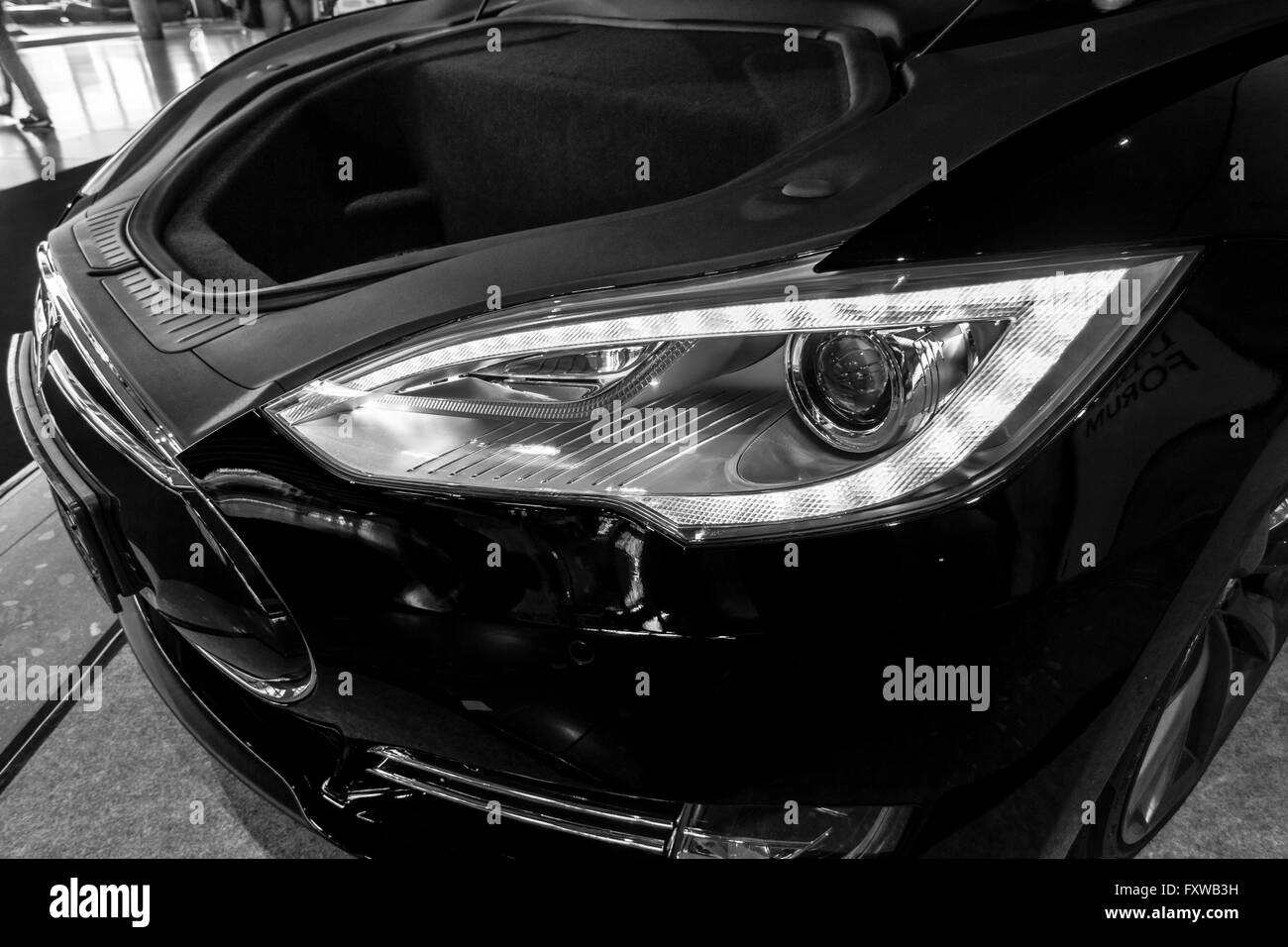 Headlamp and trunk of full-size luxury car Tesla Model S AWD 90D, 2015. Stock Photo