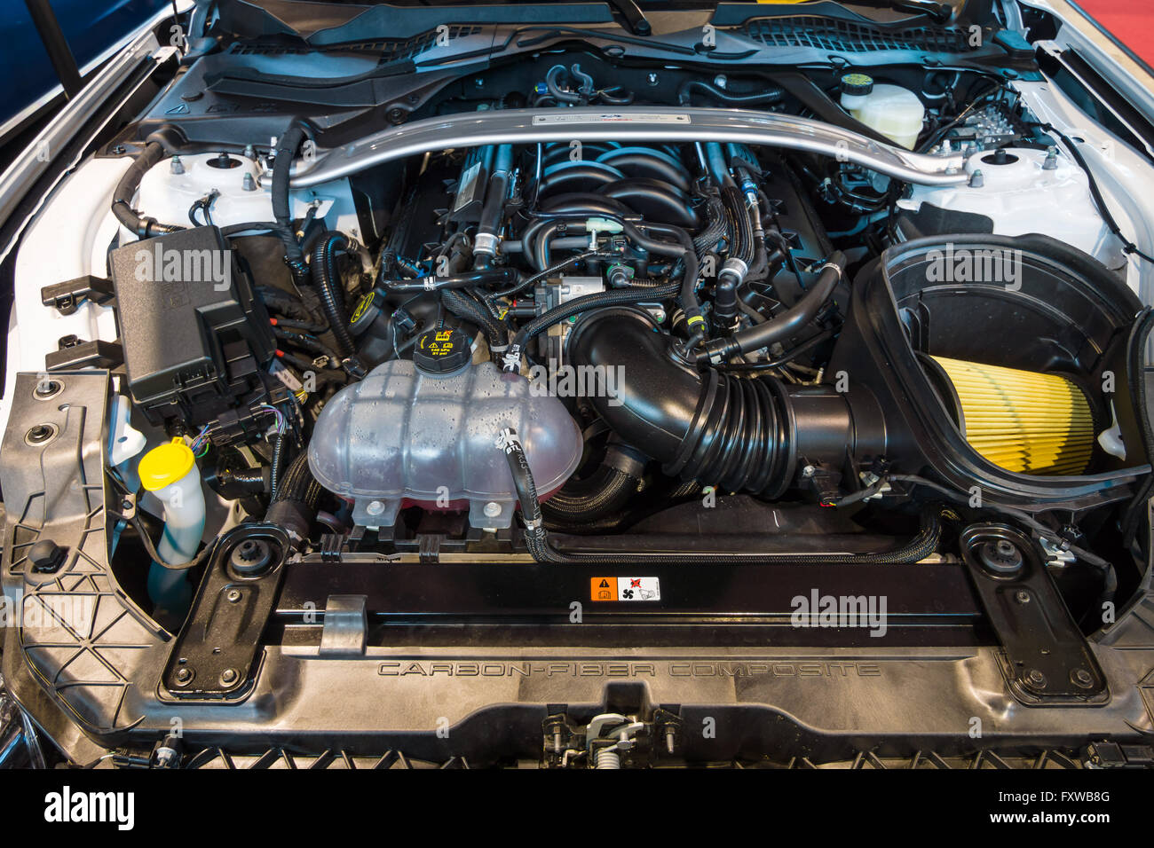 Engine of Ford Mustang Shelby GT 350, 2015 Stock Photo