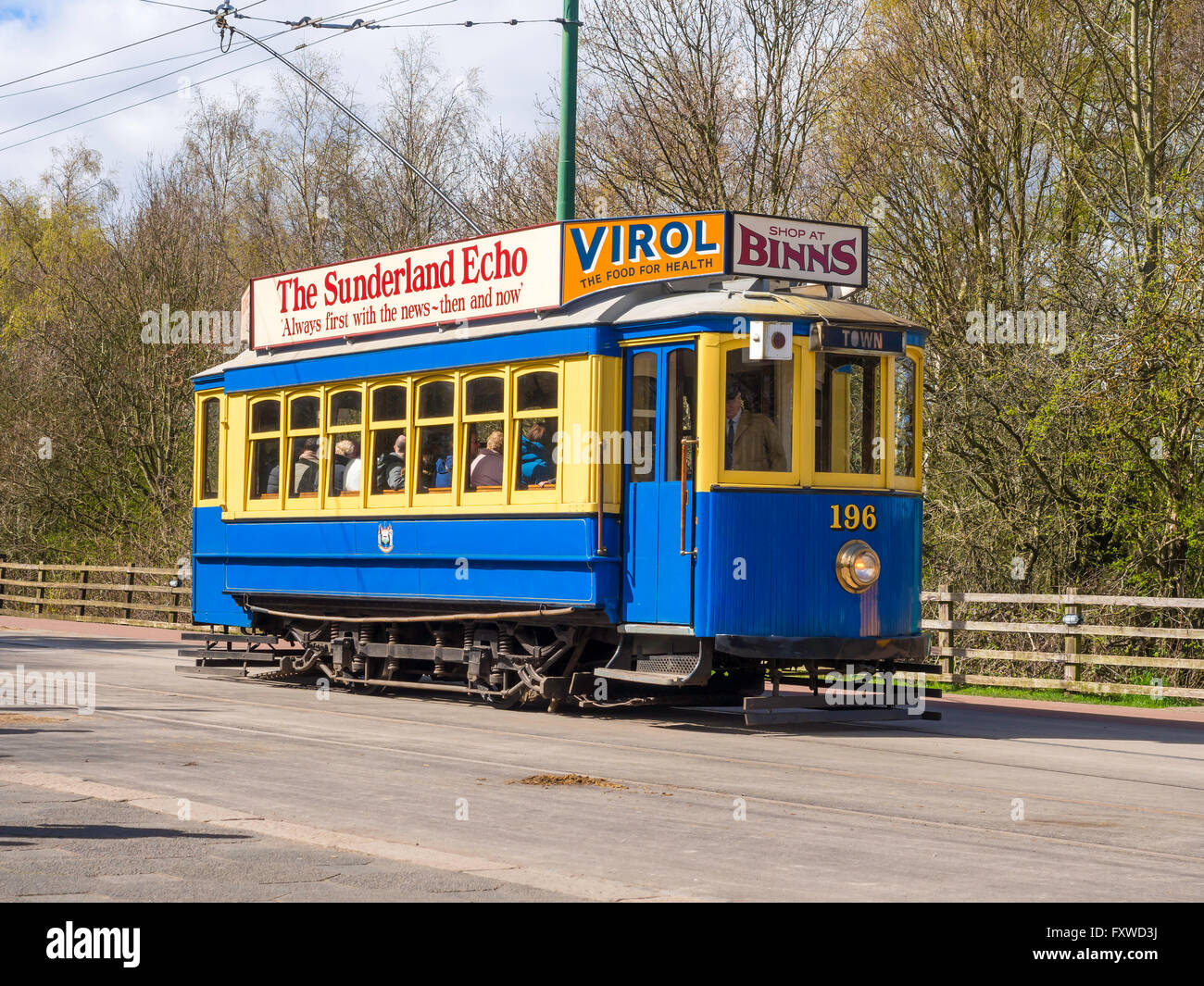 Single decker Tram from Oporto Portugal  restored as South Shields No. 196 at Beamish Museum of Northern Life Stock Photo