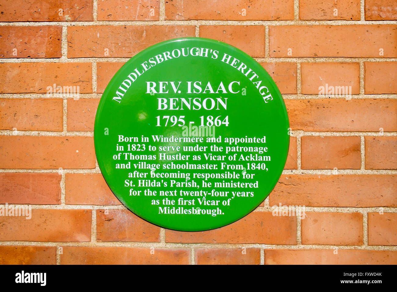 Heritage green plaque Reverend Isaac Benson 1795-1864 first Vicar of Middlesbrough Stock Photo