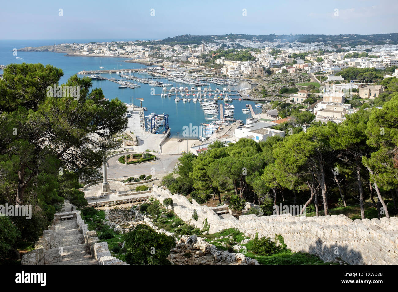 The port of Santa Maria di Leuca lies at the base of a man-made waterfall, the end of the Puglia aqueduct Stock Photo