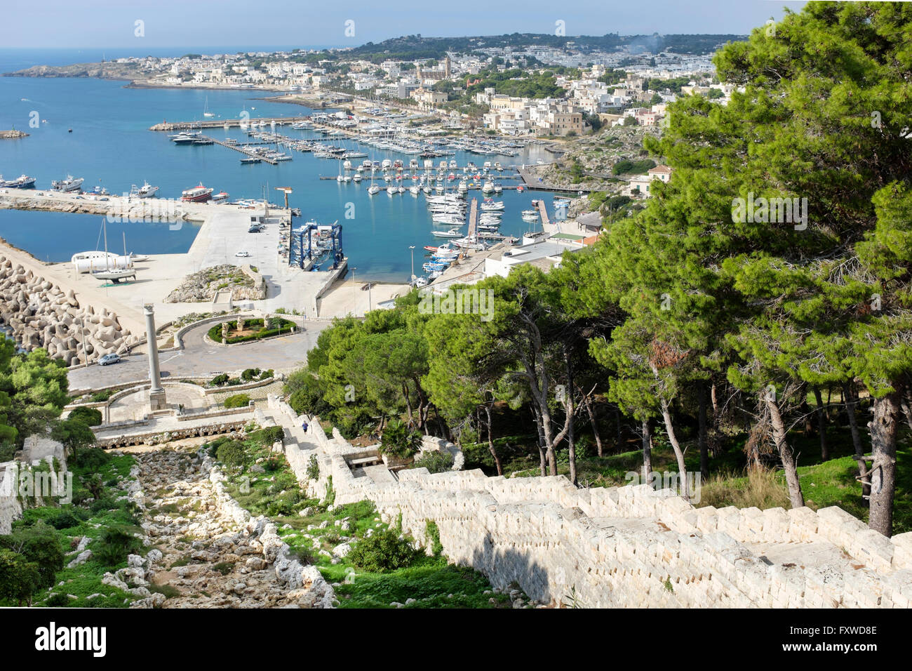 The port of Santa Maria di Leuca lies at the base of a man-made waterfall, the end of the Puglia aqueduct Stock Photo