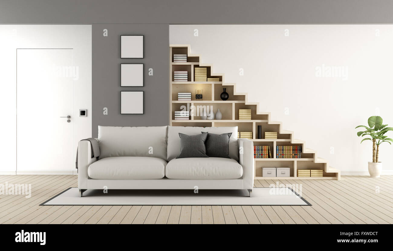 Contemporary living room with wooden staircase ,sofa and closed door