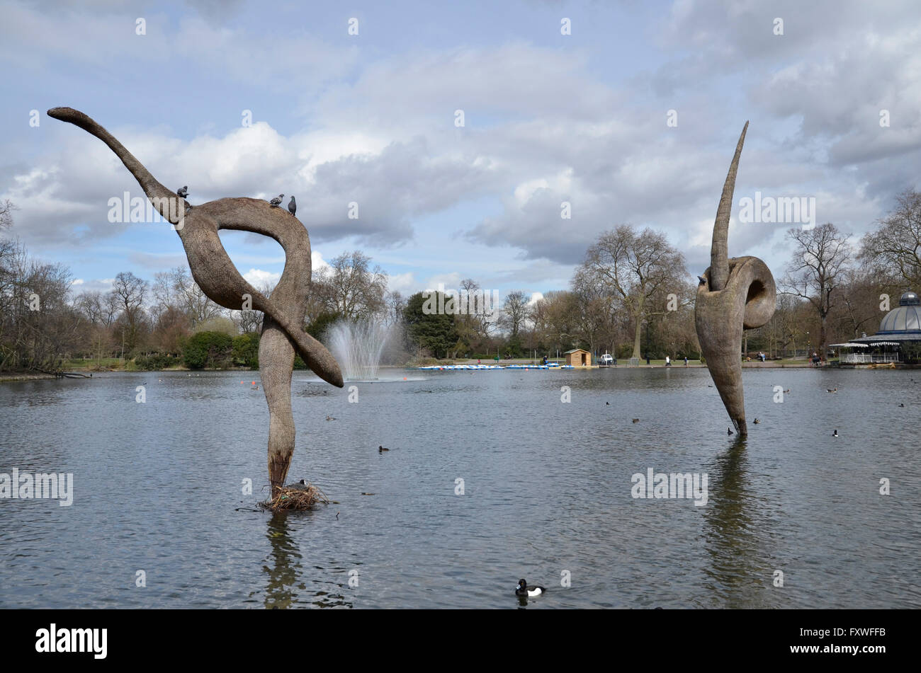 Sculptures in the lake in Victoria Park, Hackney, London Stock Photo